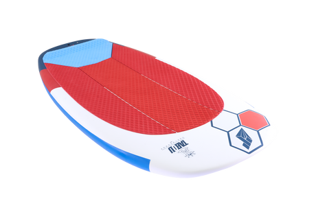 Tabou 2026 Zeppelin MTE Kiteboard rot weiß blau mit roten Textilflügeln, Draufsicht