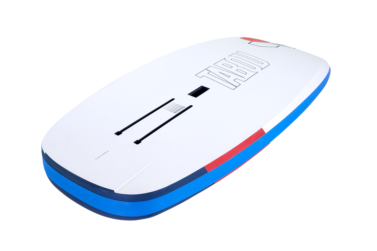 Tabou 2026 Zeppelin MTE Kiteboard mit weißer Oberseite, blauem Rails und roten Akzenten, Aufsicht
