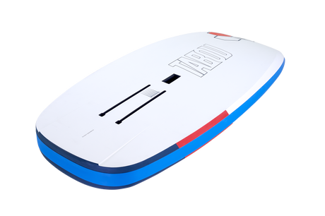 Tabou 2026 Zeppelin MTE Kiteboard mit weißer Oberseite, blauem Rails und roten Akzenten, Aufsicht