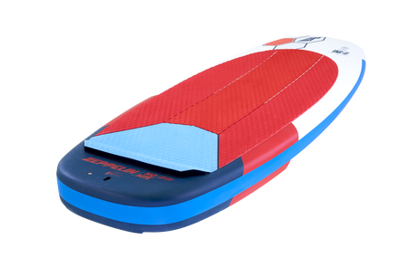 Tabou 2026 Zeppelin MTE Kite in Rot und Blau, Draufsicht auf das aufgeblasene Kiteboard mit rotem Tuch und blauem Rahmen