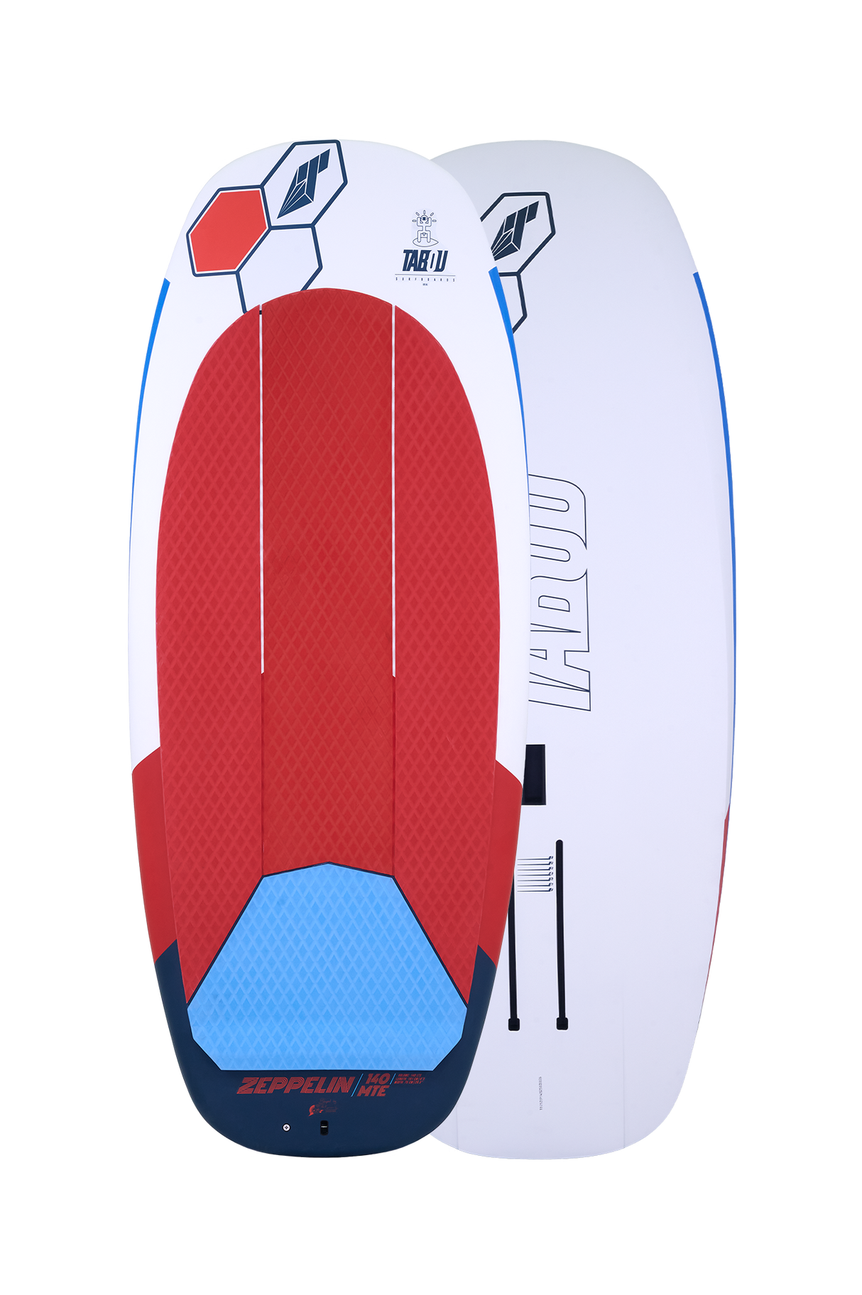 Tabou 2026 Zeppelin MTE Kiteboard mit roter Oberseite und weißer Unterseite, Frontalansicht
