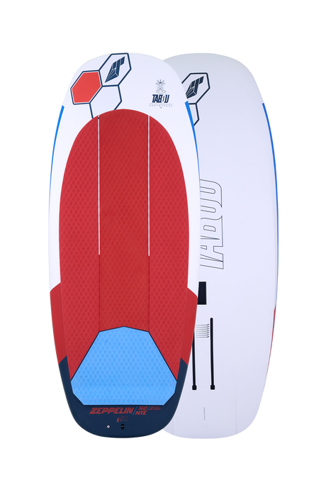 Tabou 2026 Zeppelin MTE Kiteboard mit roter Oberseite und weißer Unterseite, Frontalansicht