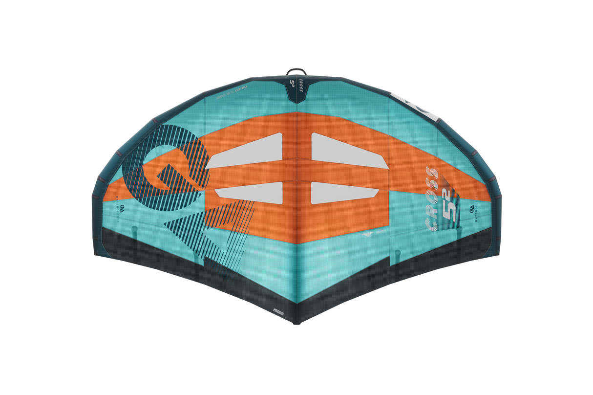 GA-Wing 2026 CROSS Kitewing in Türkis und Orange, Draufsicht auf Textilflügel mit Kreuzstreben und schwarzem Rahmen