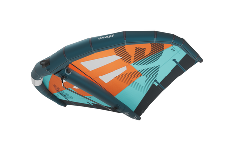 GA-Wing 2026 CROSS Kitesegel in Blau, Orange und Türkis, Draufsicht, modernes Kiteboarding-Segel mit strukturiertem Design