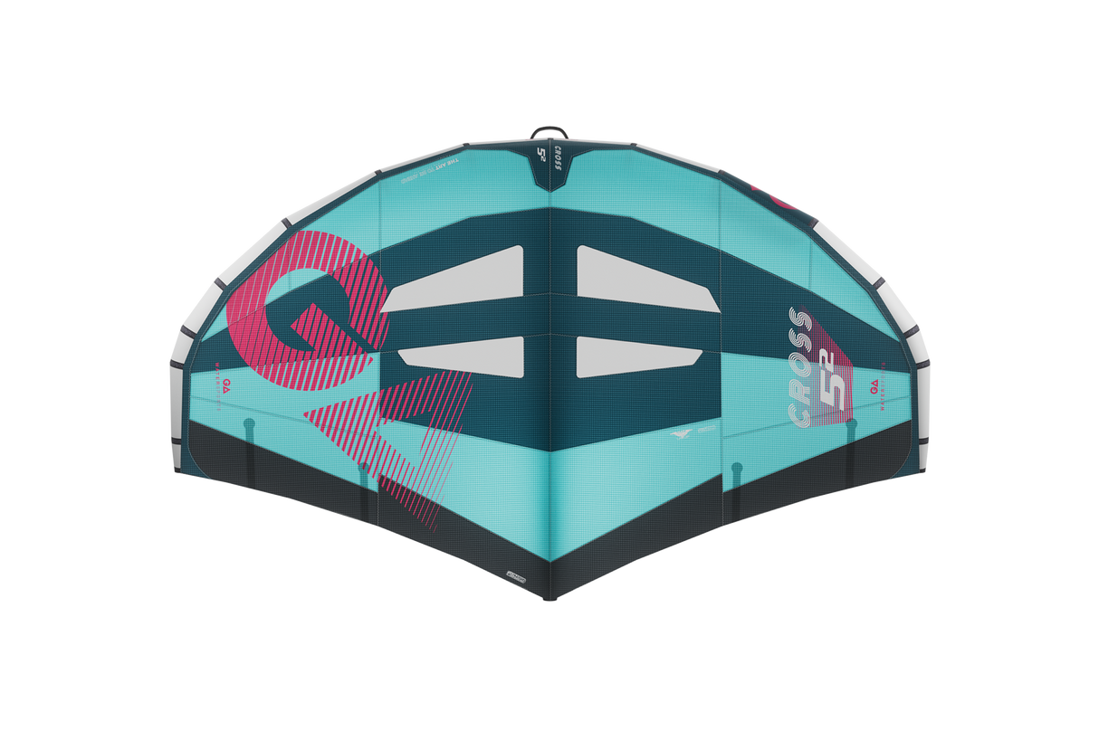 GA-Wing 2026 CROSS Kite in Türkis mit Pink, Draufsicht, Kitesegel mit schwarzen Streben und Logo