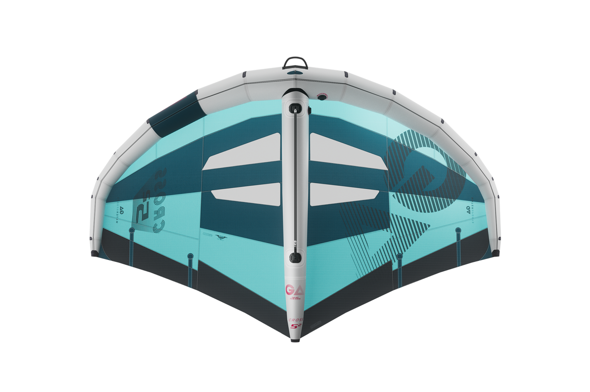 GA-Wing 2026 CROSS Kite, Türkis und Dunkelblau, Draufsicht mit sichtbarem Fenster und Struts