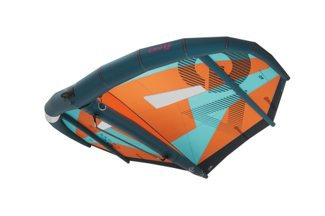 GA-Wing 2026 CROSS LW Kite, orange-blau Farbdesign, Draufsicht auf das aufgeblasene Kitesegel mit strukturiertem Material