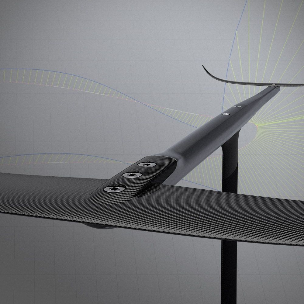 Patrik AEON Windsurf Set mit schwarzem Mast und grauem Segel, Detailansicht des Carbon-Mastes und Segels von vorne