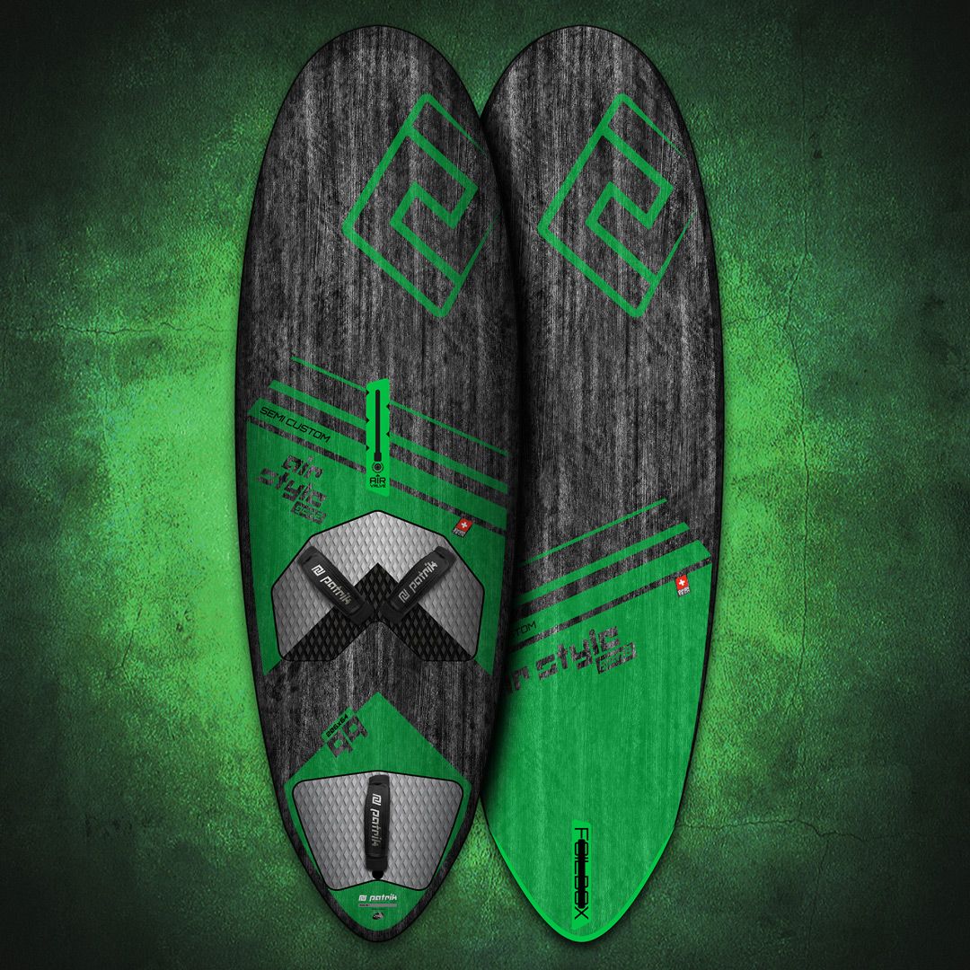 Patrik Air Style Gen2 Kiteboard, schwarz-grün, Draufsicht mit geometrischem Design und Griffpads