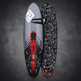 Patrik Defi LTD Kiteboard grau-rot mit schwarzem Carbonmuster, Draufsicht von Deck und Unterseite