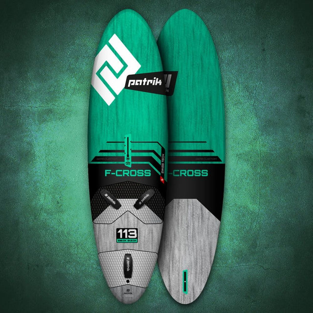 Patrik F-Cross Kiteboard grün-schwarz mit weißem Logo, Draufsicht beider Seiten, Größe 119
