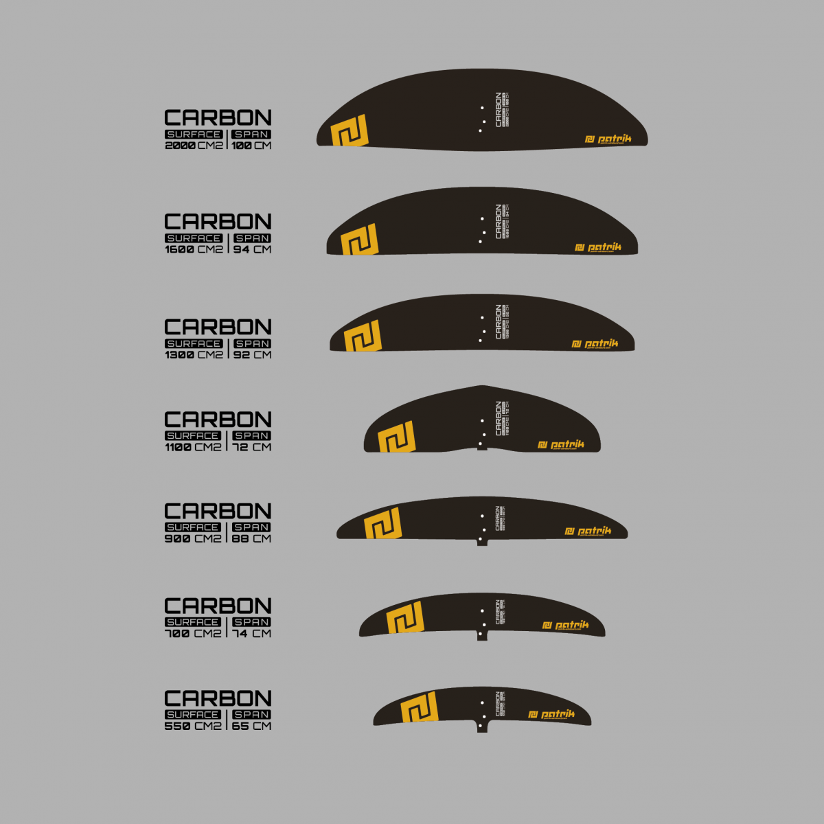 Patrik Foil Front Wing, schwarze Carbon-Flügel mit goldenem Logo, verschiedene Größen in Seitenansicht