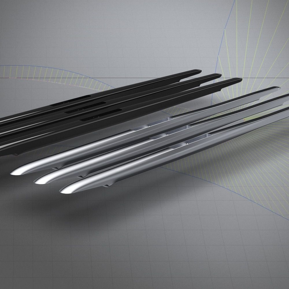 Patrik AEON Fuselages in Schwarz und Silber, schlanke Kunststoffkomponenten mit aerodynamischem Design, Frontalansicht