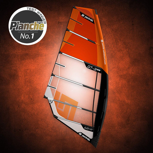 Patrik GT-3 FRC Kitesegel orange weiß mit Batten-System, Frontansicht auf strukturiertem Hintergrund