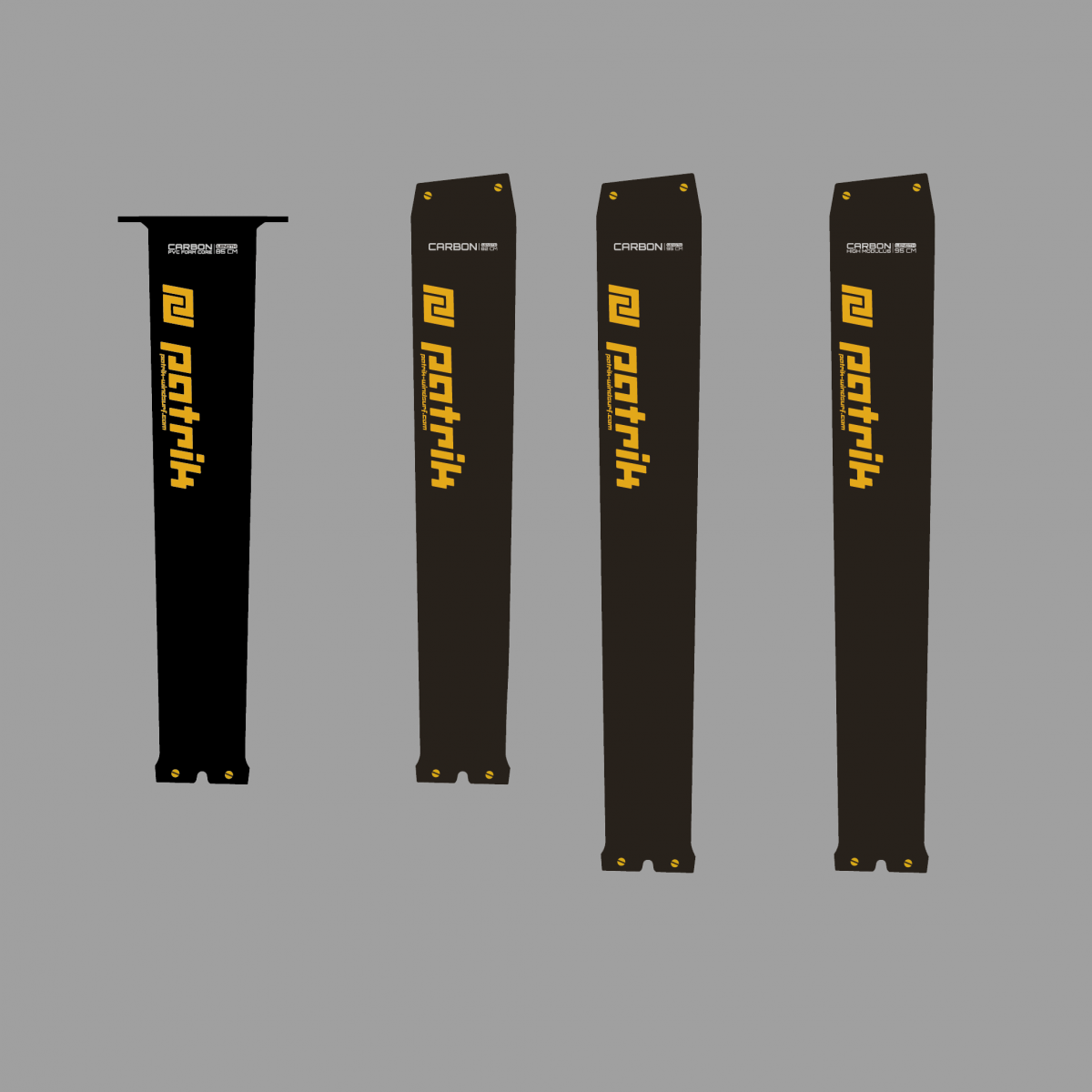 Patrik Foil Mast Carbon in Schwarz und Grau mit gelbem Logo, vier Masten in verschiedenen Längen, Frontansicht
