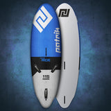 Patrik Micro Ride Kiteboard in Blau und Weiß, 115L, Vorder- und Rückseite, mit Logo und Textilstruktur