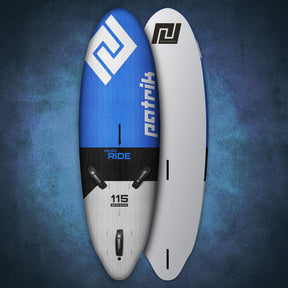 Patrik Micro Ride Kiteboard in Blau und Weiß, 115L, Vorder- und Rückseite, mit Logo und Textilstruktur