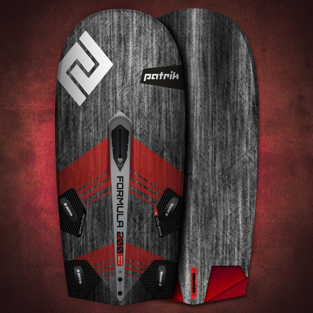 Patrik Formula 200 Kiteboard, grau-rotes Design mit schwarzen Griffen, Draufsicht auf Board und Unterseite