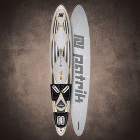 Patrik Speed40 AirInside Freestyle-Wakeboard in Weiß mit schwarzen und goldenen Designelementen, Draufsicht und Seitenansicht