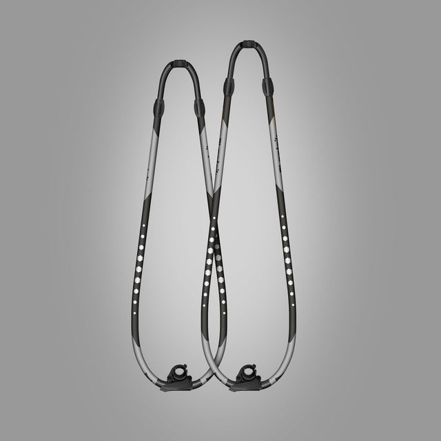 Patrik Carbon Boom Windsurfing-Ausleger, schwarz-grau, Carbonmaterial, Frontalansicht zwei verbundene Rohre mit ergonomischen Griffen