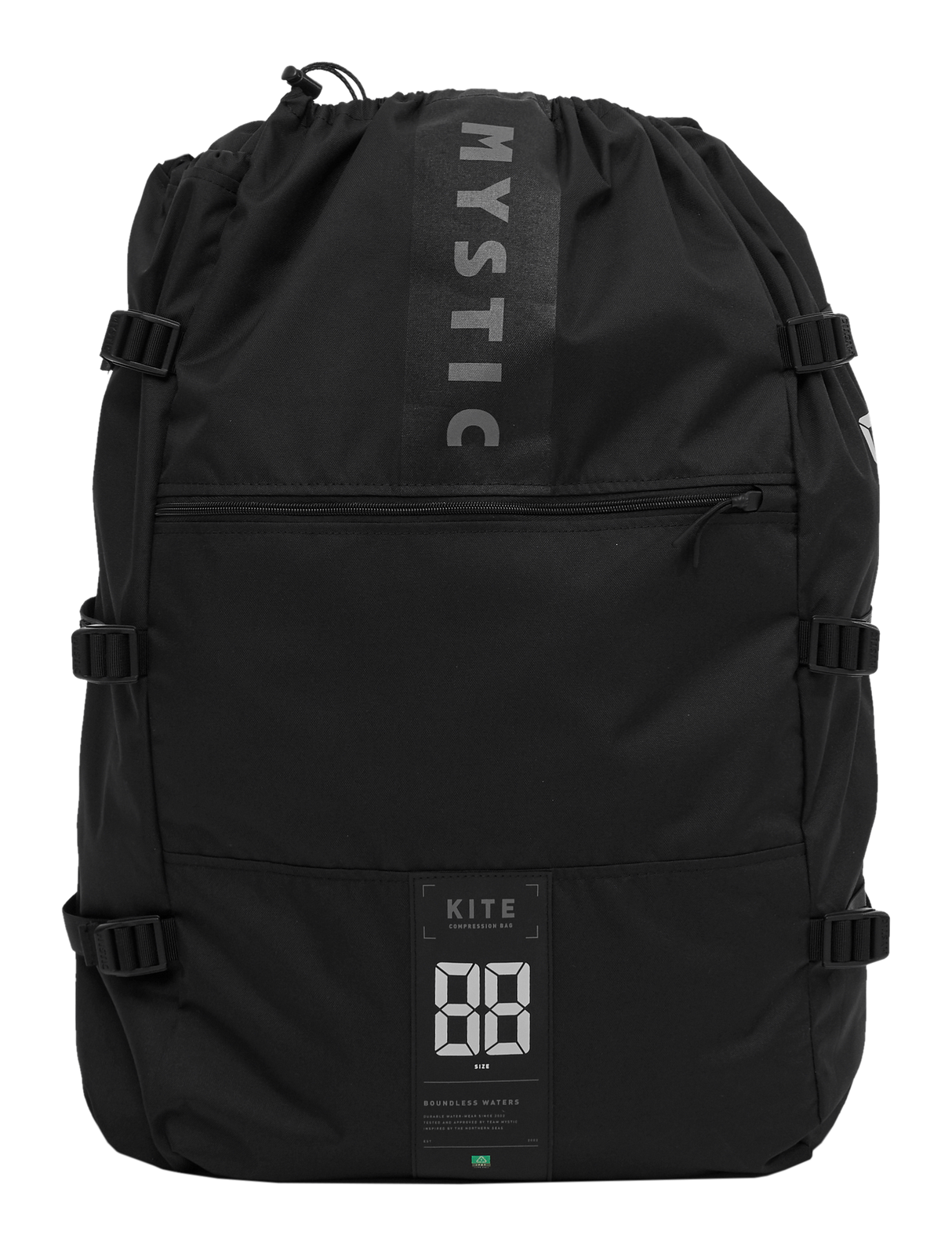 Mystic Compression Bag Kite 2027, schwarzer Kompressionsbeutel aus Kunststoff mit Kordelzug, Frontansicht