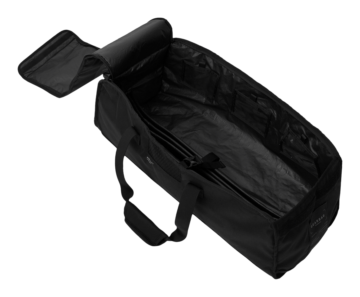 Mystic Gearbag Windsurf 2027 schwarz, offene Transporttasche aus Kunststoff mit Tragegriffen, Draufsicht