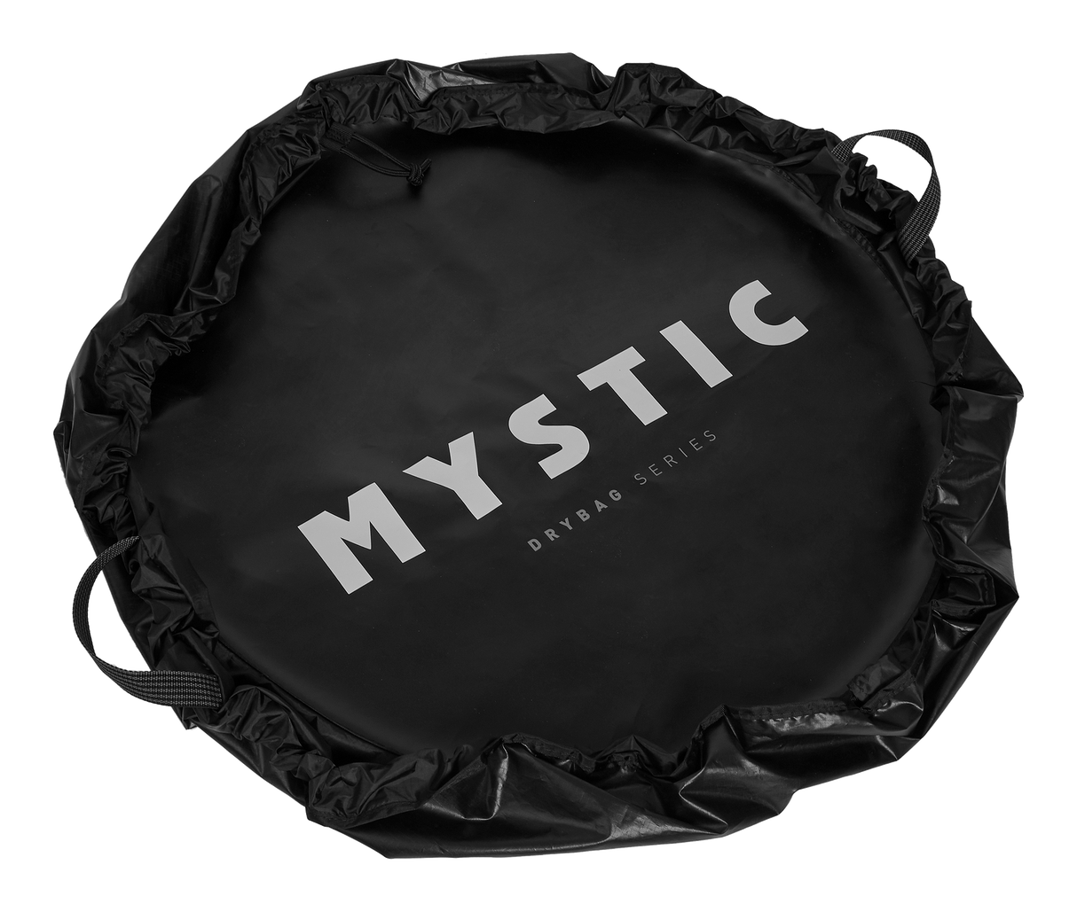 Mystic Wetsuit Bag 2027 schwarze Neopren-Tasche mit silbernem Logo, Draufsicht, robuste Henkel sichtbar