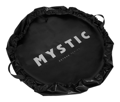 Mystic Wetsuit Bag 2027 schwarze Neopren-Tasche mit silbernem Logo, Draufsicht, robuste Henkel sichtbar