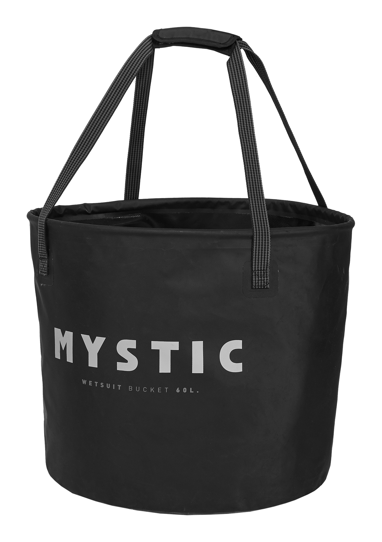 Mystic Happy Hour Wetsuit Changing Bucket 2027, schwarzer Eimer mit Tragegriffen und weißem MYSTIC-Schriftzug, Frontalansicht