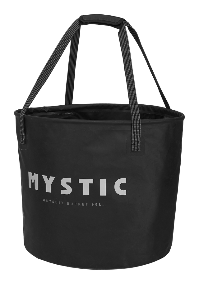 Mystic Happy Hour Wetsuit Changing Bucket 2027, schwarzer Eimer mit Tragegriffen und weißem MYSTIC-Schriftzug, Frontalansicht