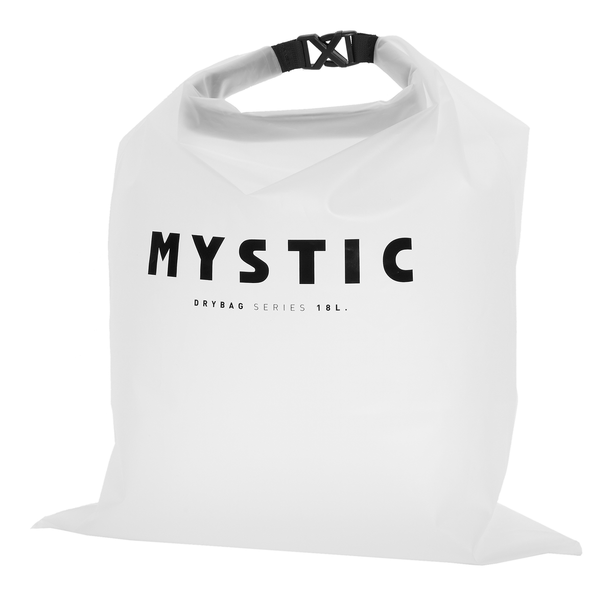 Mystic Wetsuit Dry Bag 2027, weiße Tasche mit schwarzem Verschluss und MYSTIC-Schriftzug, Frontalansicht