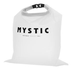Mystic Wetsuit Dry Bag 2027, weiße Tasche mit schwarzem Verschluss und MYSTIC-Schriftzug, Frontalansicht