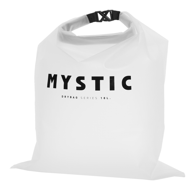 Mystic Wetsuit Dry Bag 2027, weiße Tasche mit schwarzem Verschluss und MYSTIC-Schriftzug, Frontalansicht