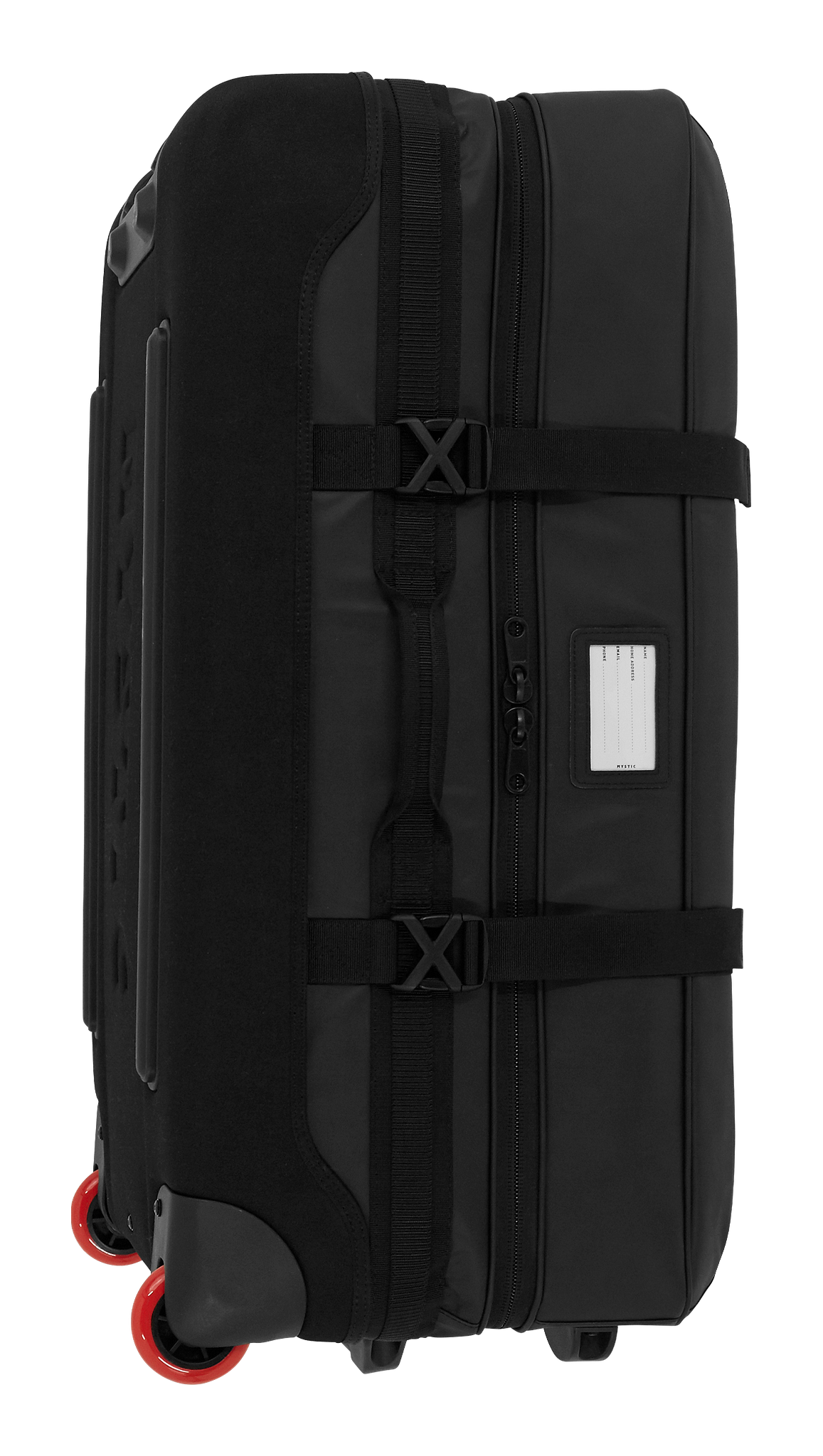 Mystic Venture Check-in Bag 2027 schwarzer Trolleykoffer mit roten Rollen, Seitenprofil, Riemen und Namensschildhalter