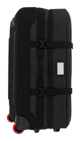 Mystic Venture Check-in Bag 2027 schwarzer Trolleykoffer mit roten Rollen, Seitenprofil, Riemen und Namensschildhalter