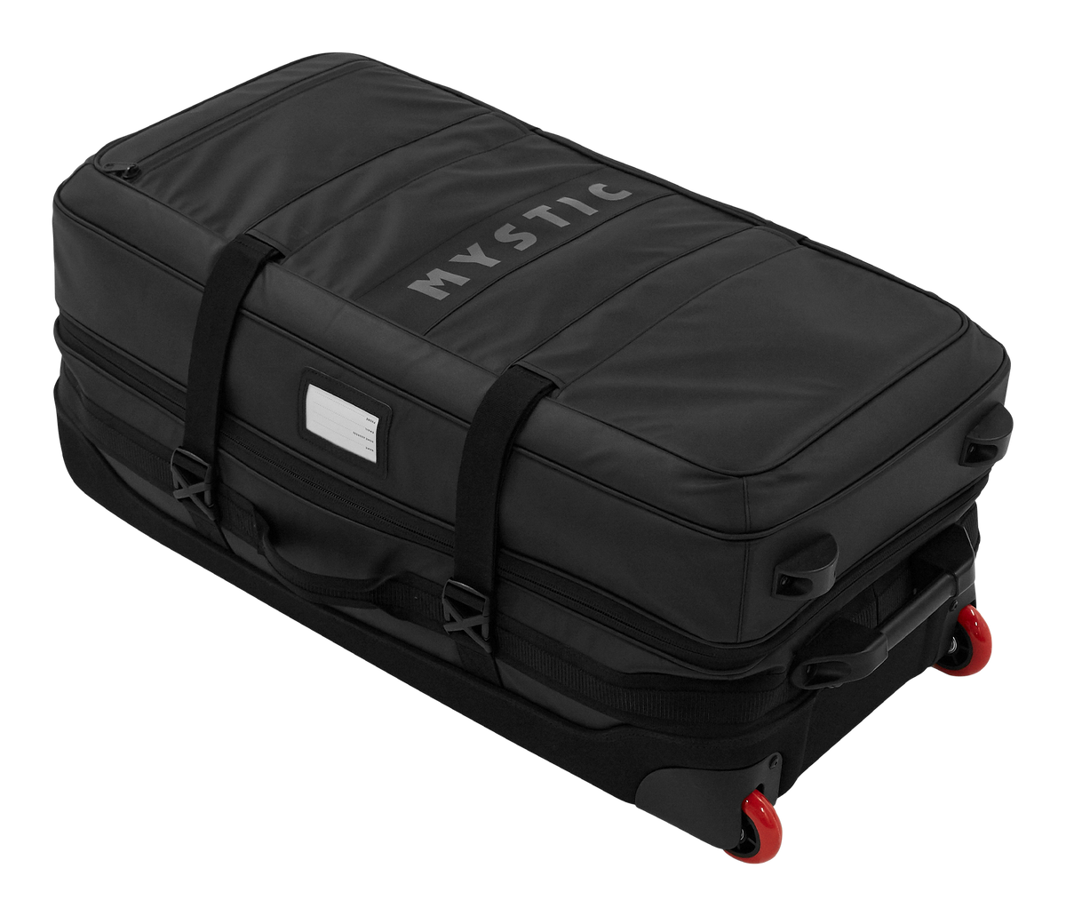 Mystic Venture Check-in Bag 2027, schwarzer Reisekoffer mit roten Rollen, Tragegriffen und Namensschild, Draufsicht