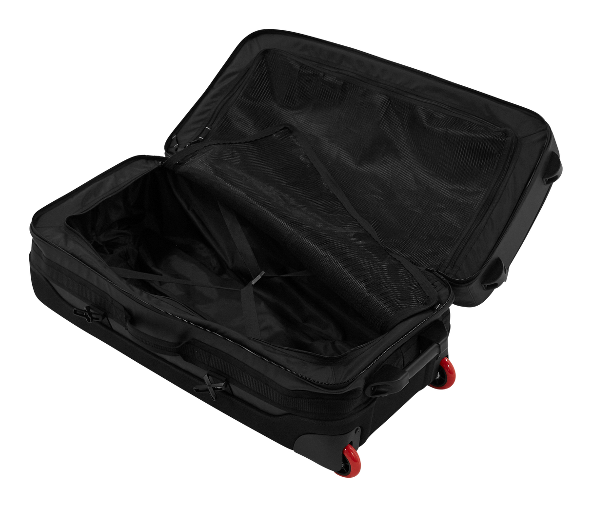 Mystic Venture Check-in Bag 2027 schwarzer Trolley mit rotem Rollen-Detail, offen, Innenansicht mit Packfächern
