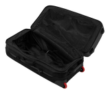 Mystic Venture Check-in Bag 2027 schwarzer Trolley mit rotem Rollen-Detail, offen, Innenansicht mit Packfächern