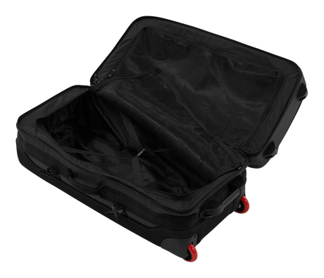 Mystic Venture Check-in Bag 2027 schwarzer Trolley mit rotem Rollen-Detail, offen, Innenansicht mit Packfächern