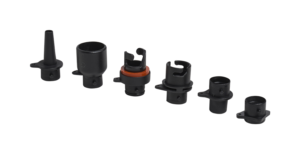 Mystic Kite Pump Extreme Adaptor Kit 2027, schwarze Kunststoffadapter in verschiedenen Größen, Draufsicht