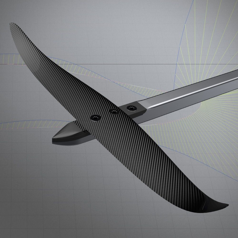 Patrik AEON Backwings Kitewing aus schwarzem Carbon mit gerippter Oberfläche, detaillierte Draufsicht