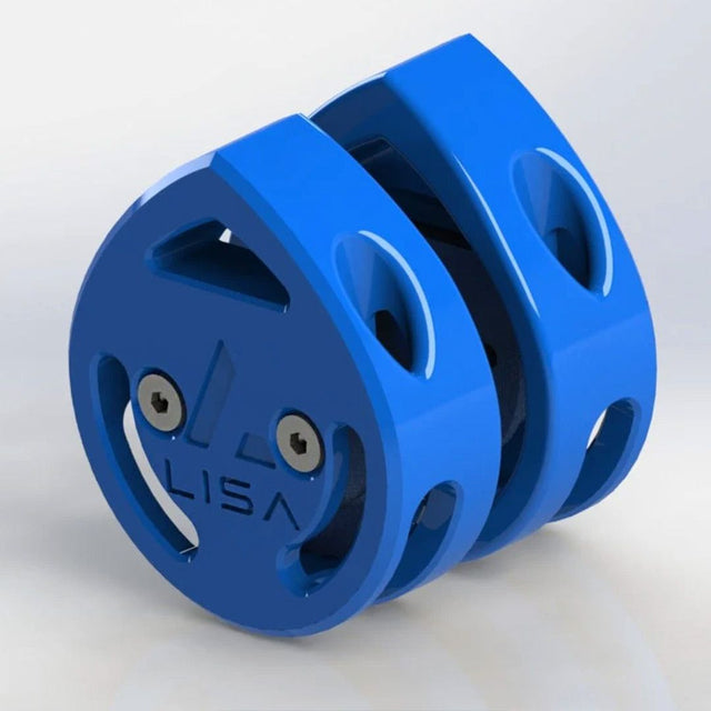 LISA Twist Lock Pulley, blau, Kunststoff mit Doppelrolle und Twist-Lock-Mechanismus, Schrägansicht