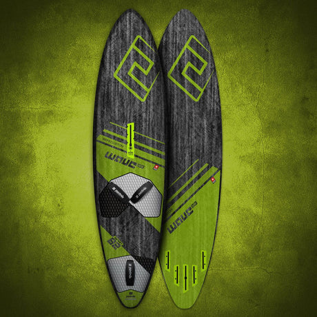 Patrik QTS-Wave Kiteboard, Grau-Grün, Doppelansicht mit geometrischen Designs und Luftkammern-Details