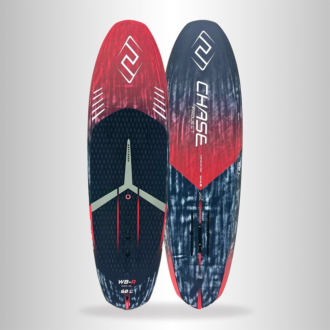 Chase WB-R Wingfoil Raceboard in Rot und Dunkelblau, Draufsicht mit Flügel, Composite-Material